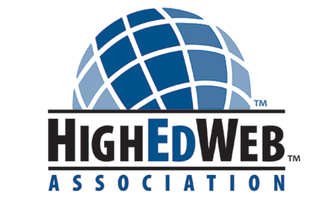 HighEdWeb Association Logo with a multi-hued blue, gridded globe balanced on one side