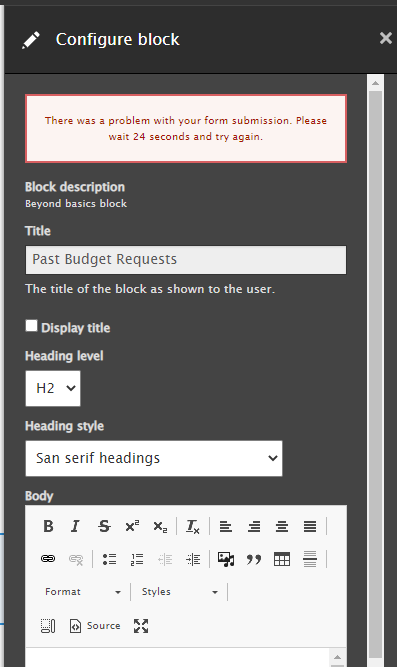 Block editing form with submission error in a red box above the form