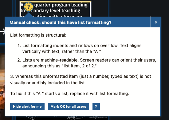 A manual check in Editoria11y asks about content needing list formatting