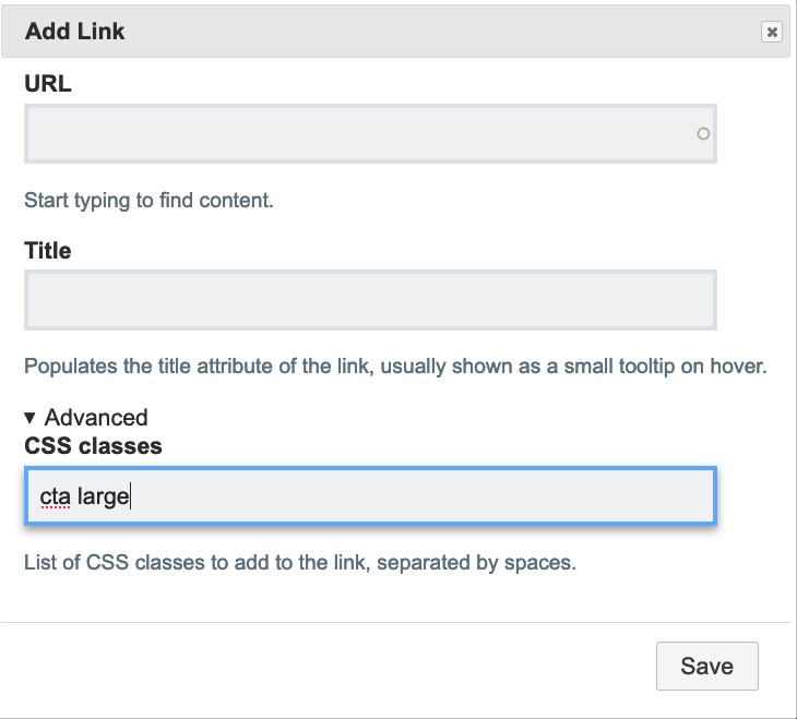 Add link editing modal, with the CSS classes field containing "cta large"