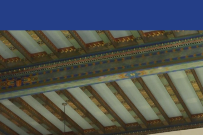 Front page of "Find a Space" which includes links to Study, Services, and Restrooms; links to spaces; with reading room ceiling as background