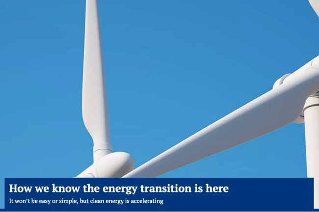 Sample banner from Window: windmill with headline text, "How we know the energy transition is here"